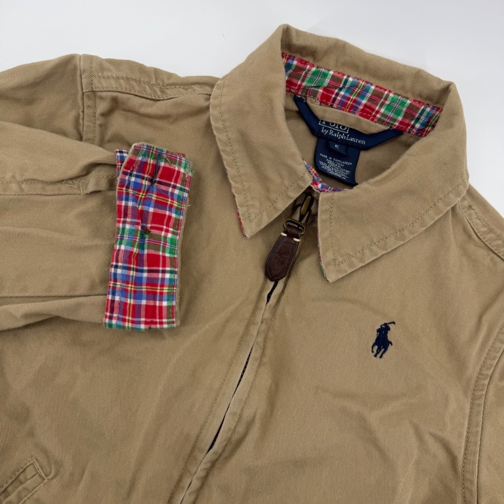 VTG Polo Ralph Lauren Harrington Jacket Kids 5 Tan Plaid Trim Cotton Full Zip